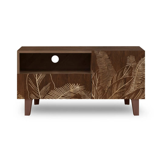 Brown Printed TV Unit – Leaf Design Cabinet with Storage FURNIZA