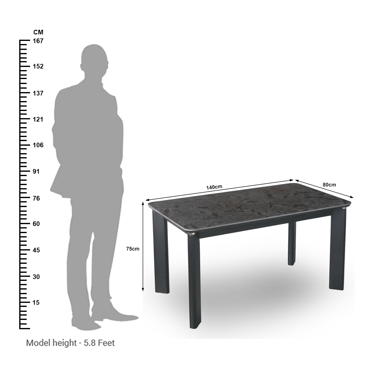 Modern Black Dining Table with Marble Finish Top – 4 Seater