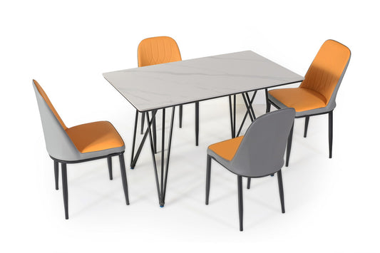 Modern 4 Seater Dining Table Set with Marble Finish & Upholstered Chairs