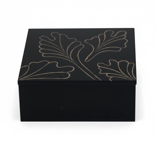Black Wooden Jewellery Box with Hand-Carved Lid & Storage