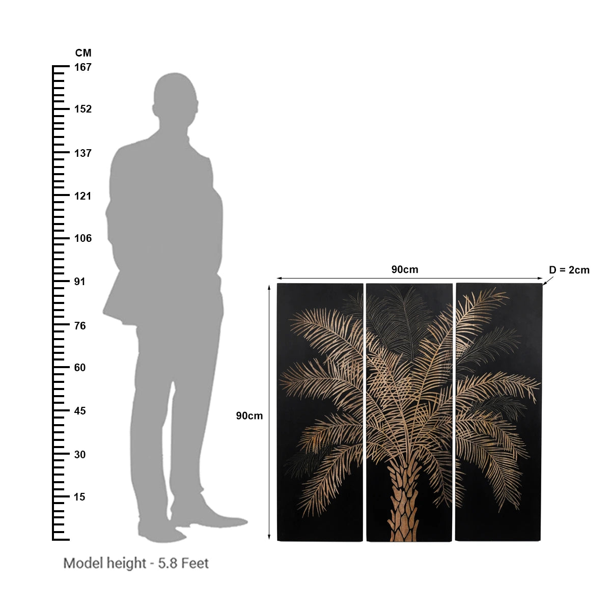 Set of 3 Black Finish Hand-Carved Palm Tree Wall Panels