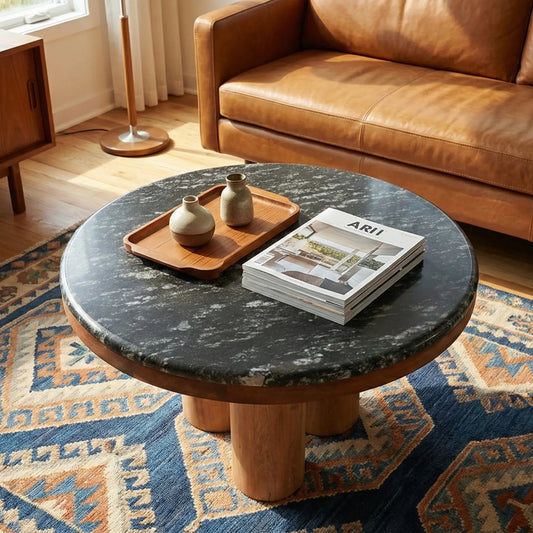 Natural Wood Coffee Table with Black Marble Top – Modern Luxury Center Table FURNIZA