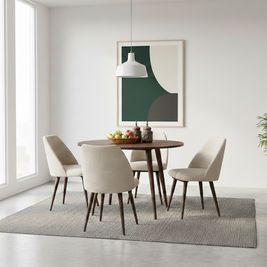 Modern Sheesham Wood Round Dining Table Set with Cushioned Chairs
