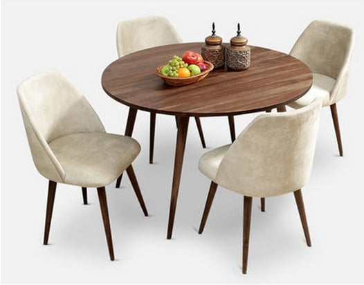 Modern Sheesham Wood Round Dining Table Set with Cushioned Chairs
