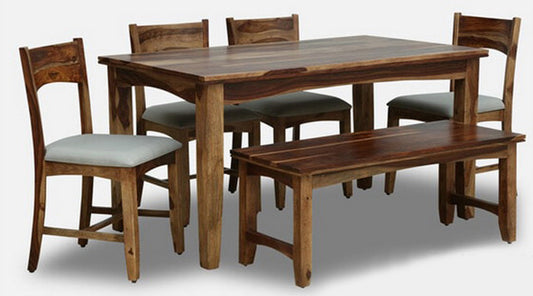 6 Seater Solid Sheesham Wood Dining Set with Cushioned Chairs & Bench
