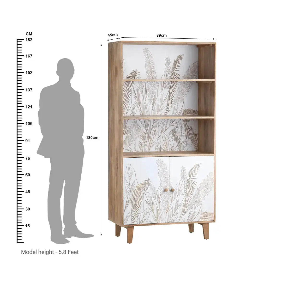 Hand Carved 2 Door Book rack Natural & White Finish | Solid Mango Wood Book shelf - Furniza