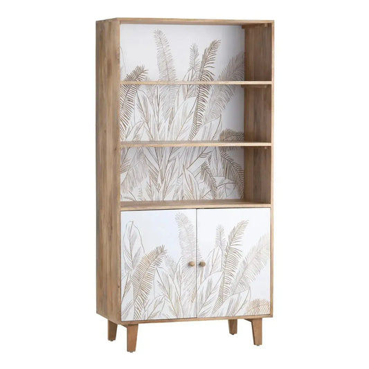 Hand Carved 2 Door Book rack Natural & White Finish | Solid Mango Wood Book shelf - Furniza