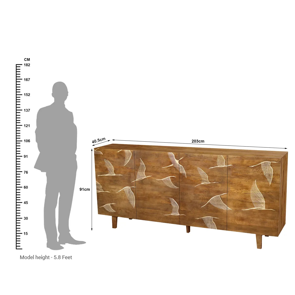 Vinda Hand Carved Mango Wood 4 Door Sideboard Walnut Finish