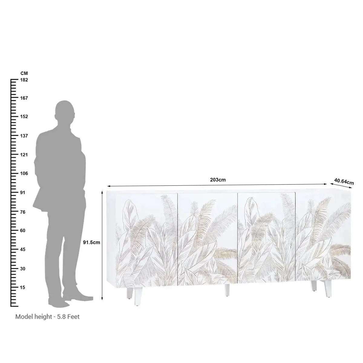 4 Door Sideboard White Finish | Hand-Carved Leaf Design | Solid Mango Wood - Furniza