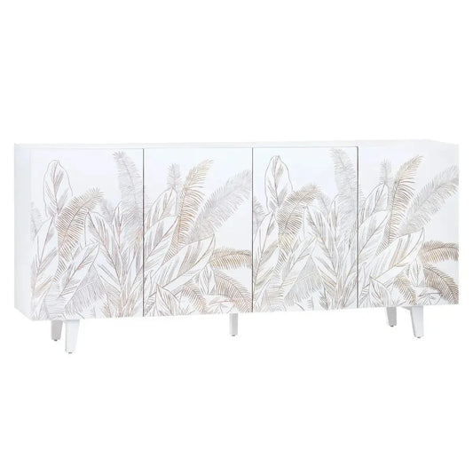 4 Door Sideboard White Finish | Hand-Carved Leaf Design | Solid Mango Wood - Furniza