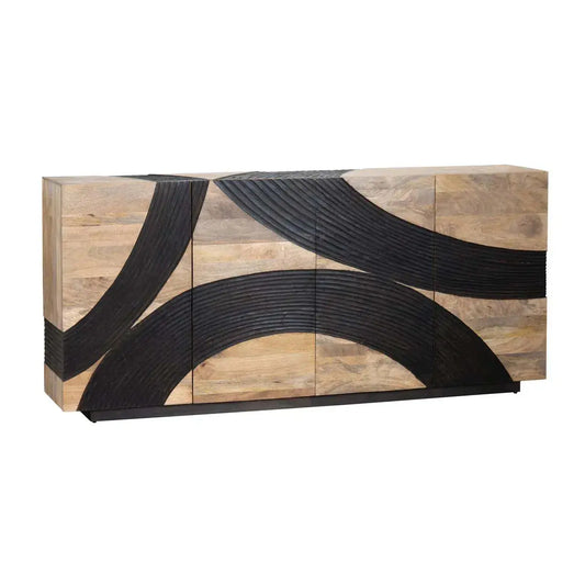 4 Door Sideboard Natural & Walnut Finish with Carved Wave Design | Solid Mango Wood - Furniza