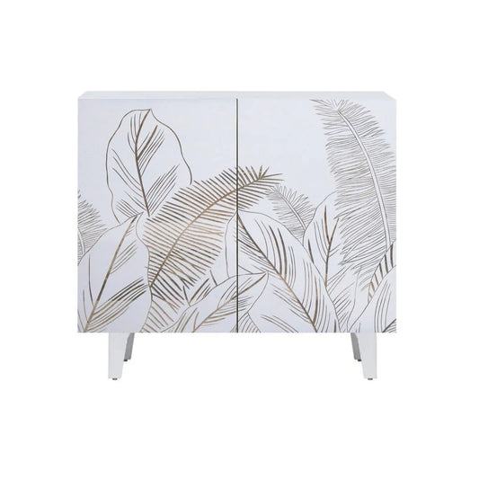 Solid Mango Wood 2 Door Sideboard – White Leaf Carved Design FURNIZA