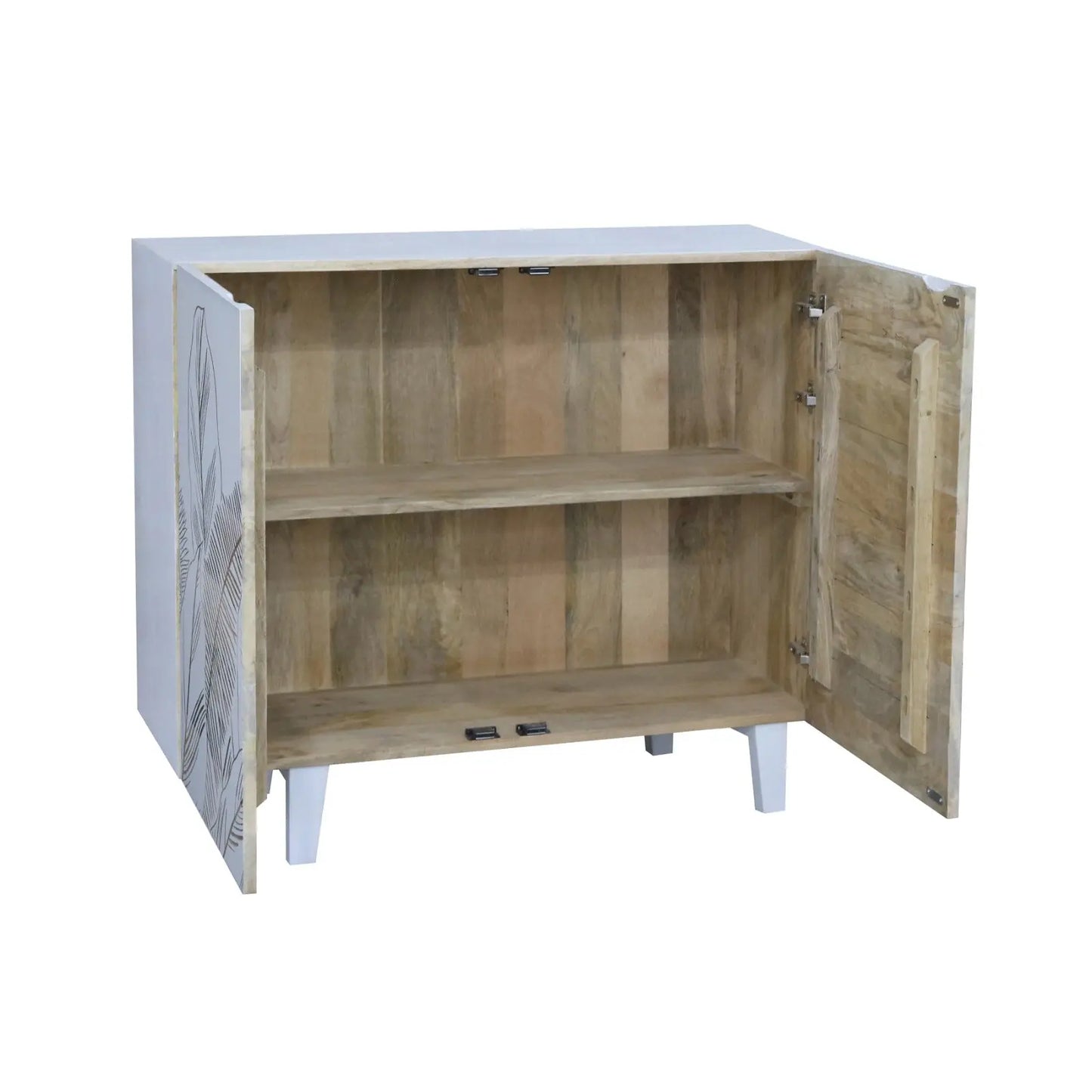 Solid Mango Wood 2 Door Sideboard – White Leaf Carved Design FURNIZA
