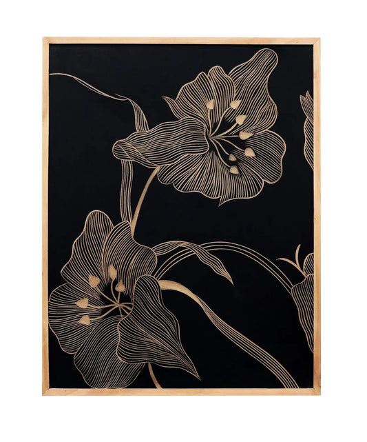 Hand-Carved Floral Wall Panel in Black & Natural Wood Frame – Modern Botanical Wall Decor - Furniza