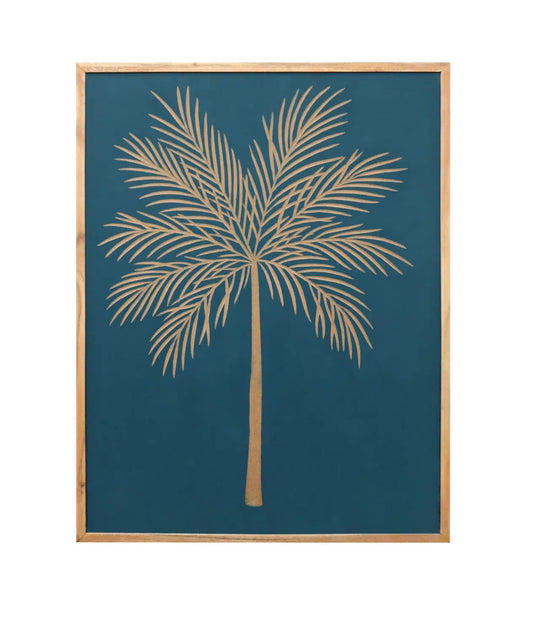 Hand-Carved Palm Leaf Wall Panel in Teal & Natural Wood Frame – Tropical Wall Decor - Furniza
