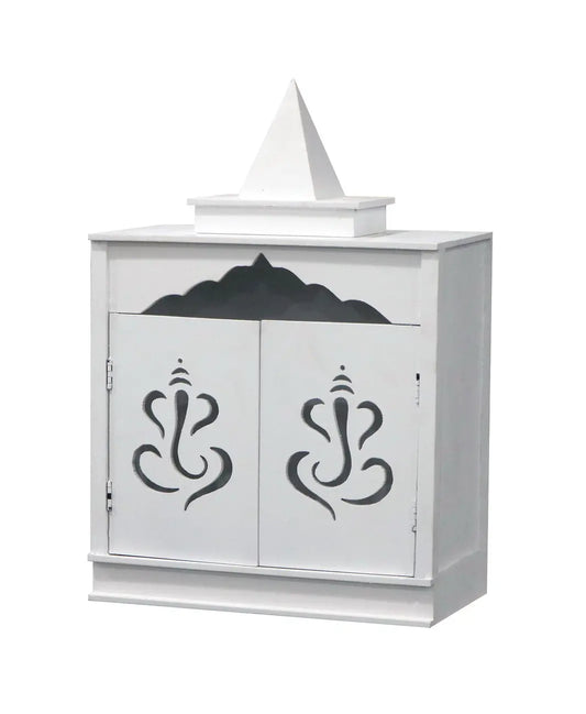 Traditional White MDF Wall Mount Pooja Mandir with Shikara Design & Ganesha Carved Doors – Compact Temple by Furniza - Furniza