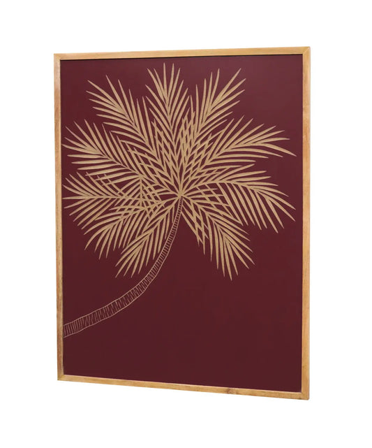 Hand-Carved Palm Leaf Wall Panel in Maroon & Natural Wood Frame – Elegant Wall Décor - Furniza