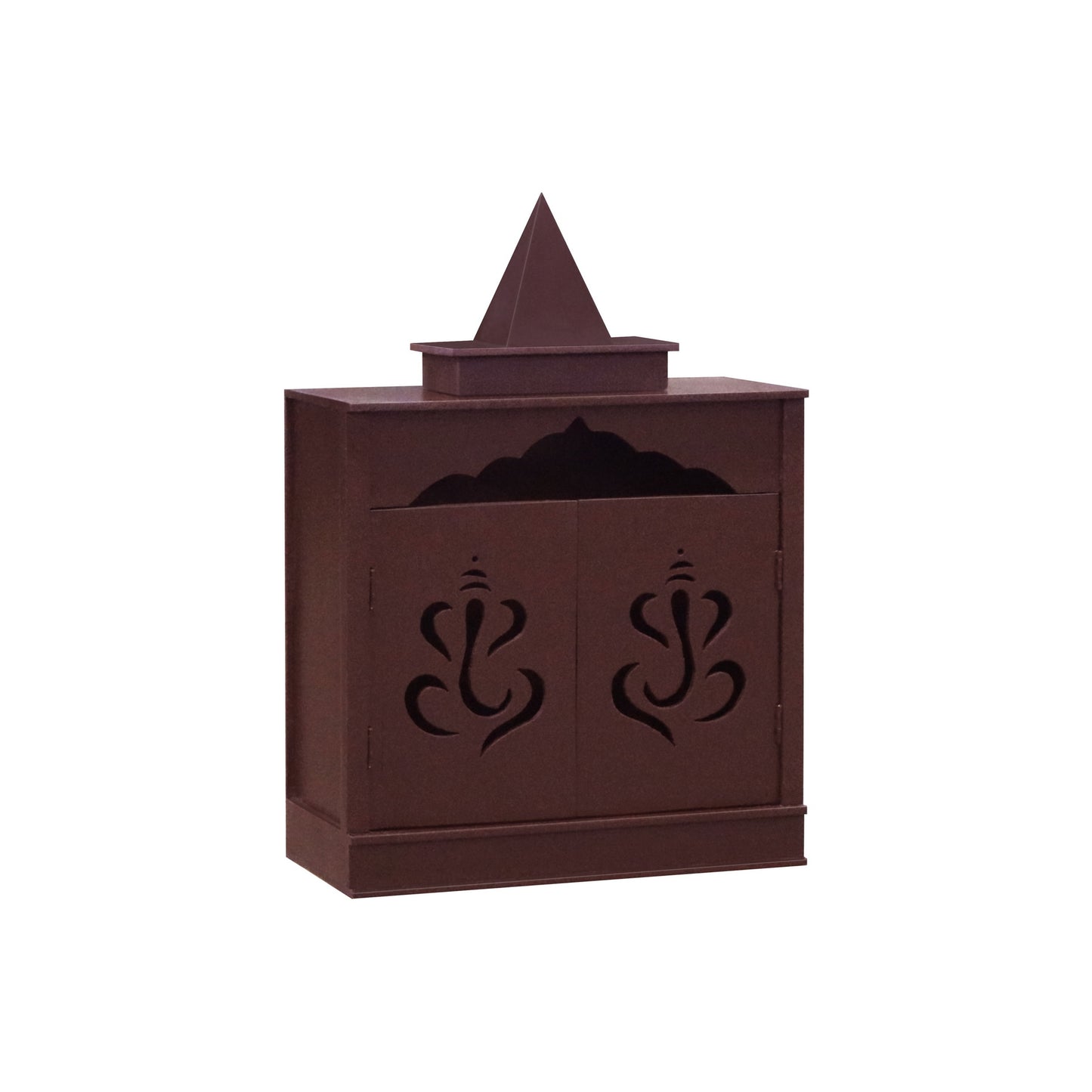 Traditional Brown MDF Wall Mount Pooja Mandir with Shikara Design & Ganesha Carved Doors – Compact Temple by Furniza