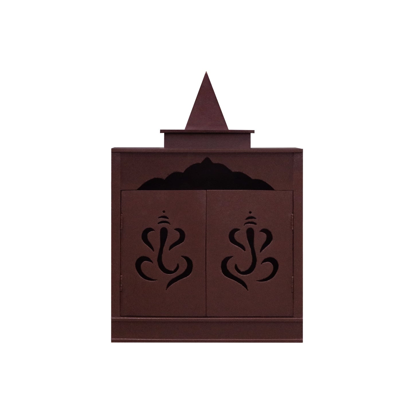Traditional Brown MDF Wall Mount Pooja Mandir with Shikara Design & Ganesha Carved Doors – Compact Temple by Furniza