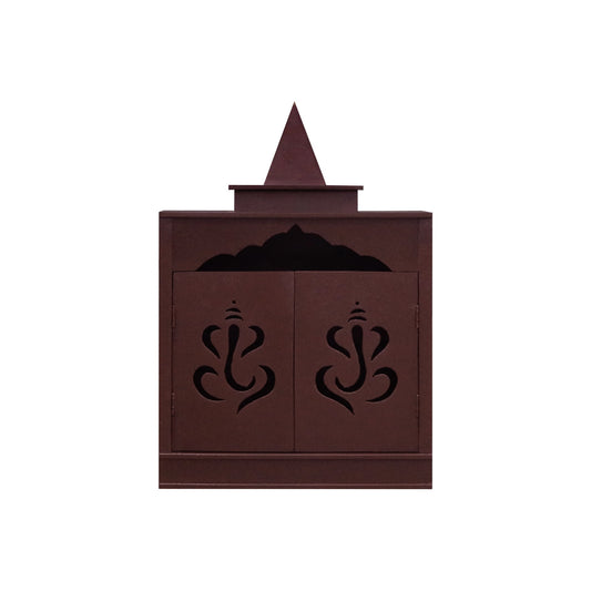 Traditional Brown MDF Wall Mount Pooja Mandir with Shikara Design & Ganesha Carved Doors – Compact Temple by Furniza