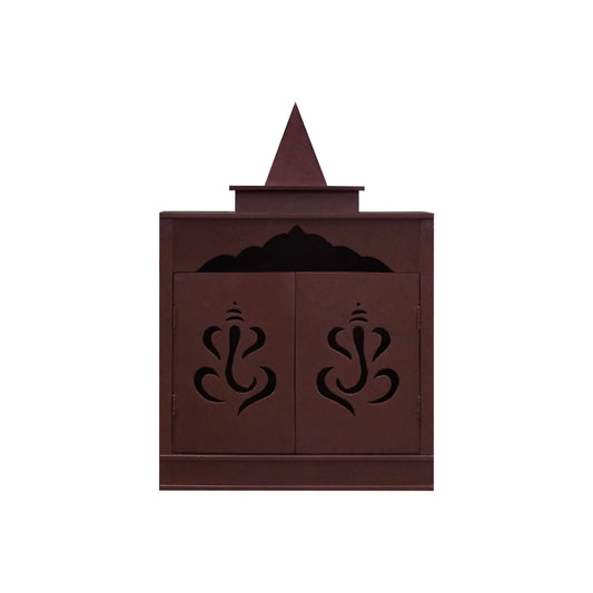 Traditional Brown MDF Wall Mount Pooja Mandir with Shikara Design & Ganesha Carved Doors – Compact Temple by Furniza FURNIZA