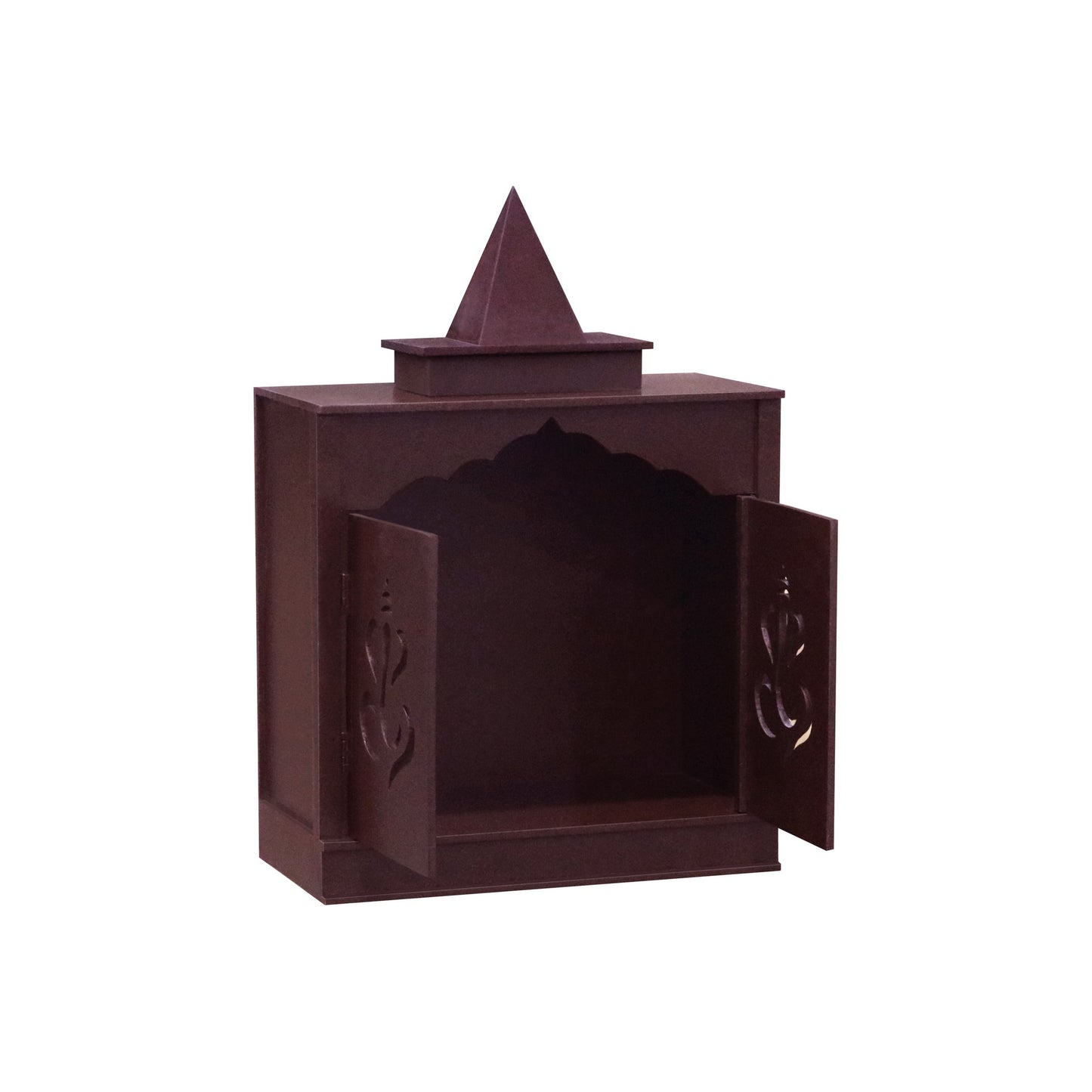 Traditional Brown MDF Wall Mount Pooja Mandir with Shikara Design & Ganesha Carved Doors – Compact Temple by Furniza
