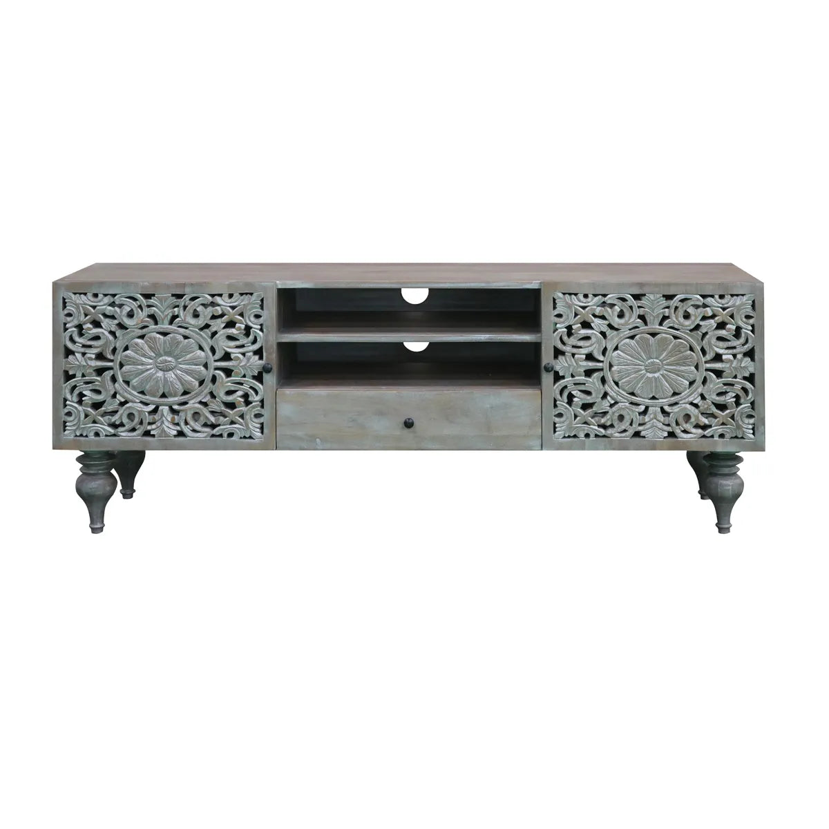 Silver Grace 2 Door 1 Drawer TV Cabinet Solid Acacia with Go-Through Carving - Furniza