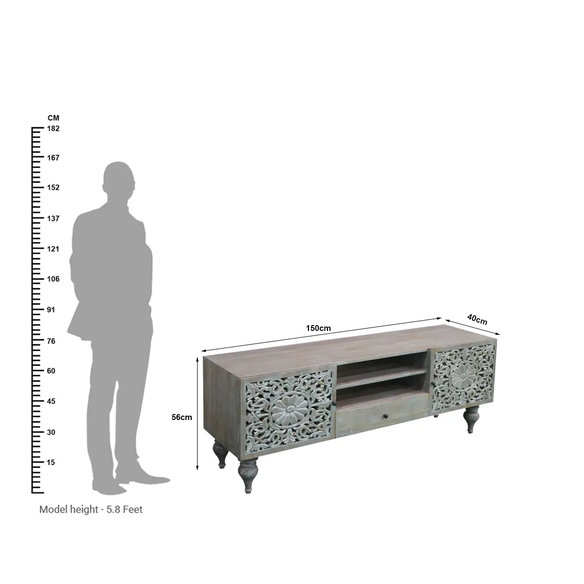 Silver Grace 2 Door 1 Drawer TV Cabinet Solid Acacia with Go-Through Carving - Furniza