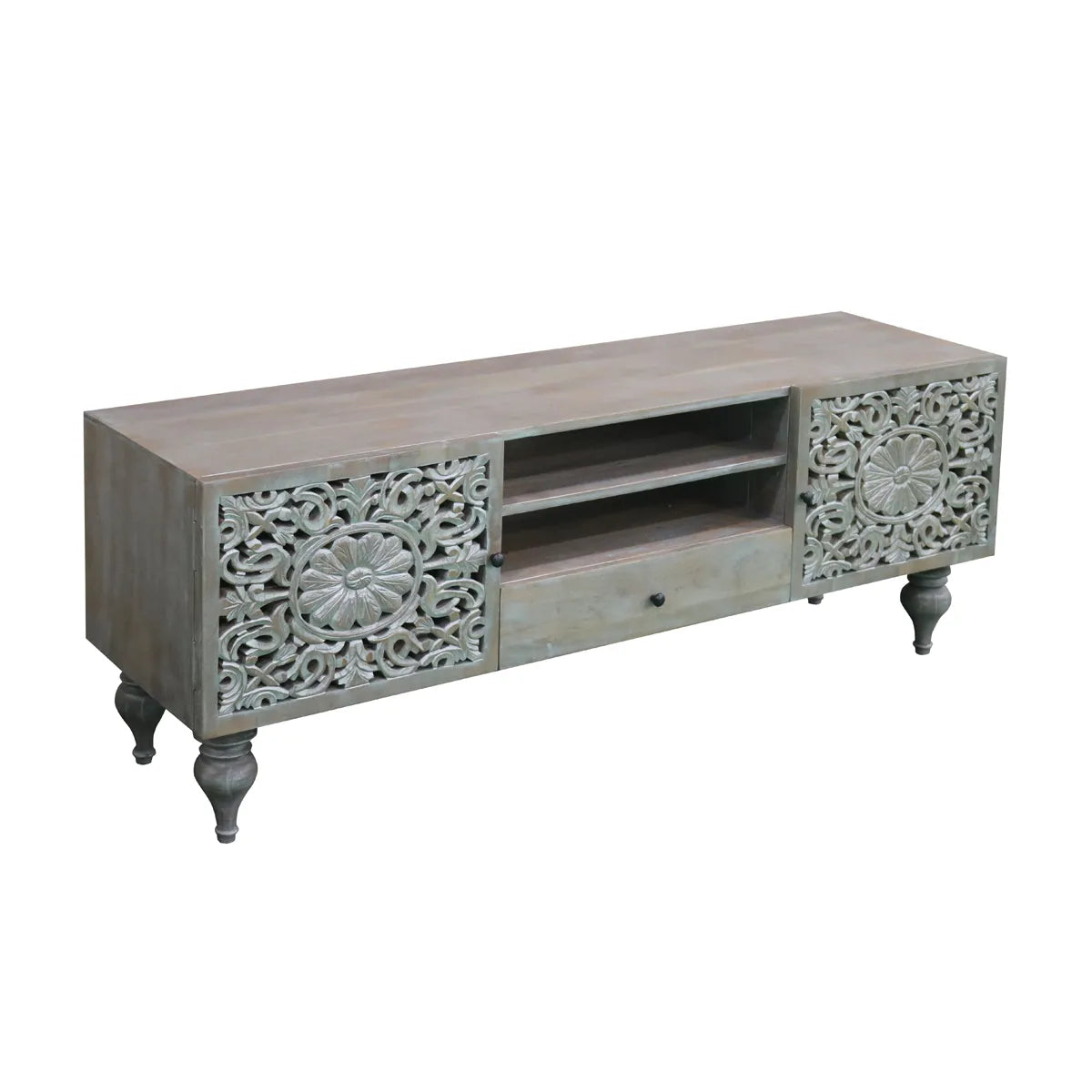 Silver Grace 2 Door 1 Drawer TV Cabinet Solid Acacia with Go-Through Carving - Furniza