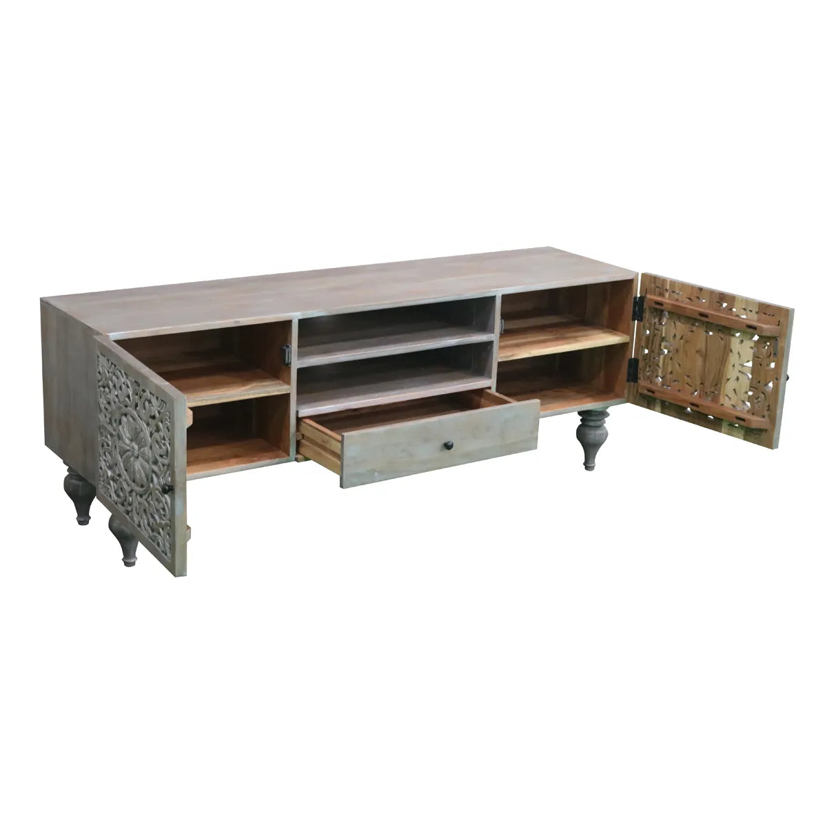 Silver Grace 2 Door 1 Drawer TV Cabinet Solid Acacia with Go-Through Carving - Furniza