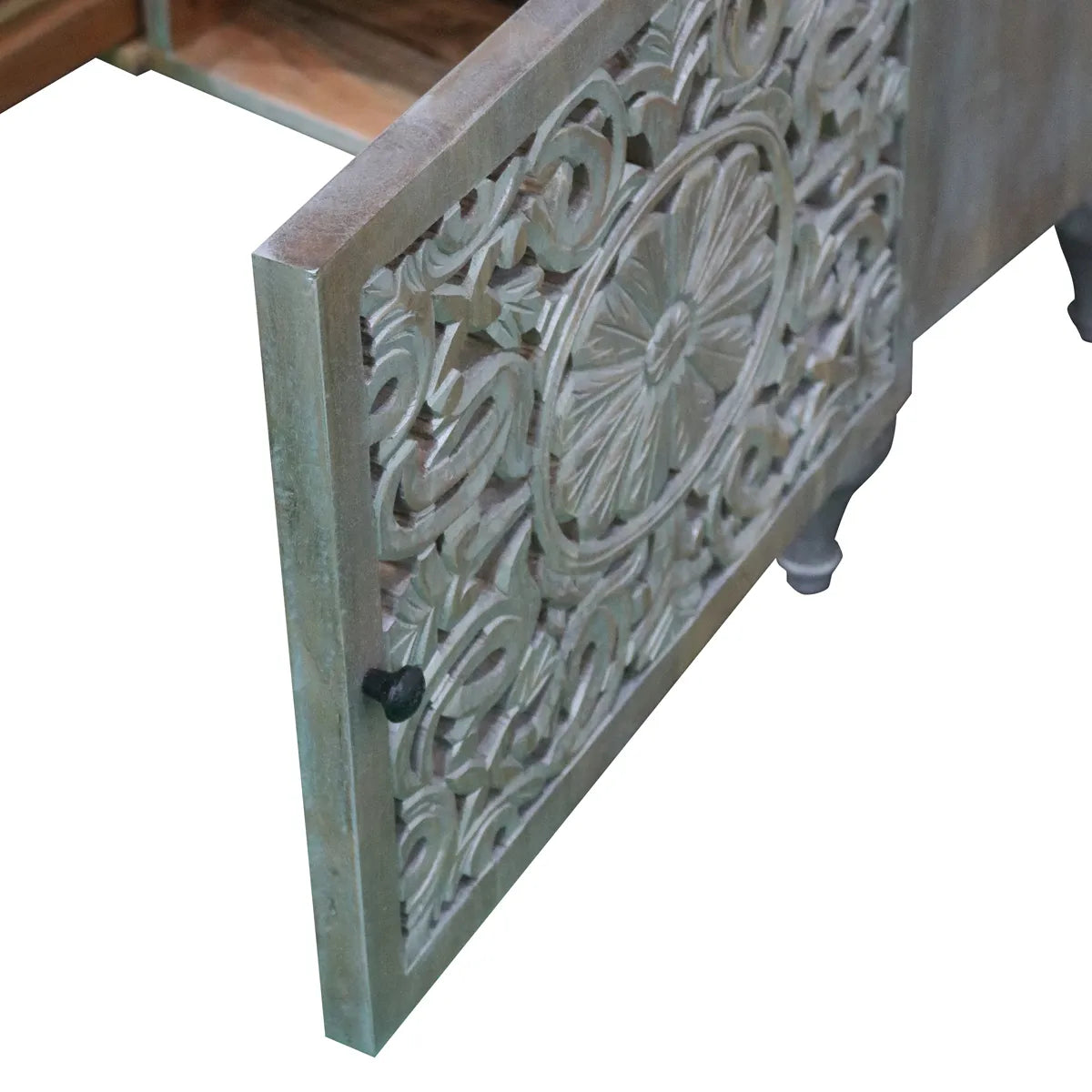 Silver Grace 2 Door 1 Drawer TV Cabinet Solid Acacia with Go-Through Carving - Furniza