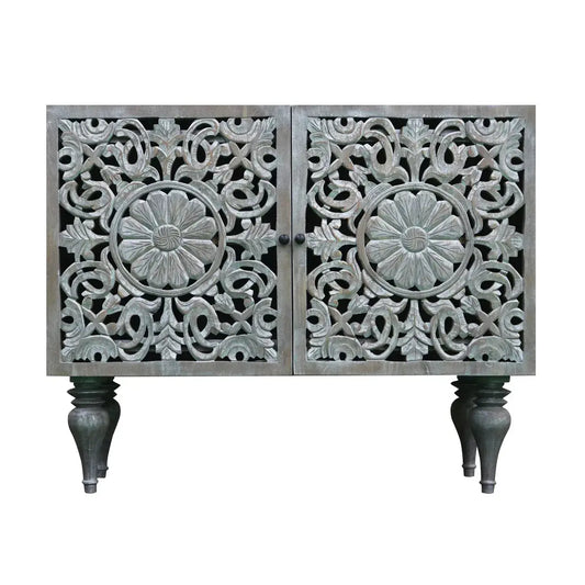 Silver Grace 2 Door Cabinet Solid Acacia with Go-Through Carving - Furniza