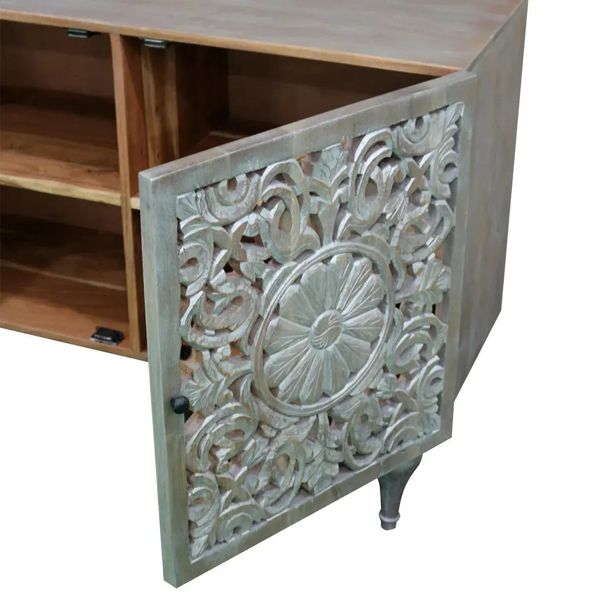 Silver Grace 2 Door Cabinet Solid Acacia with Go-Through Carving - Furniza