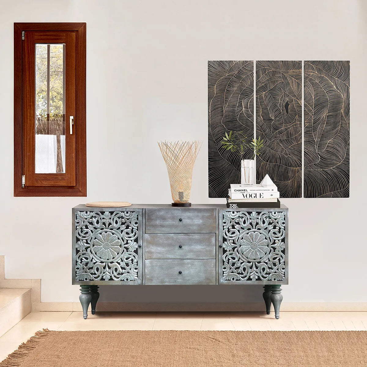 Silver Grace 2 Door 3 Drawer Sideboard Hand-Carved Solid Acacia Wood