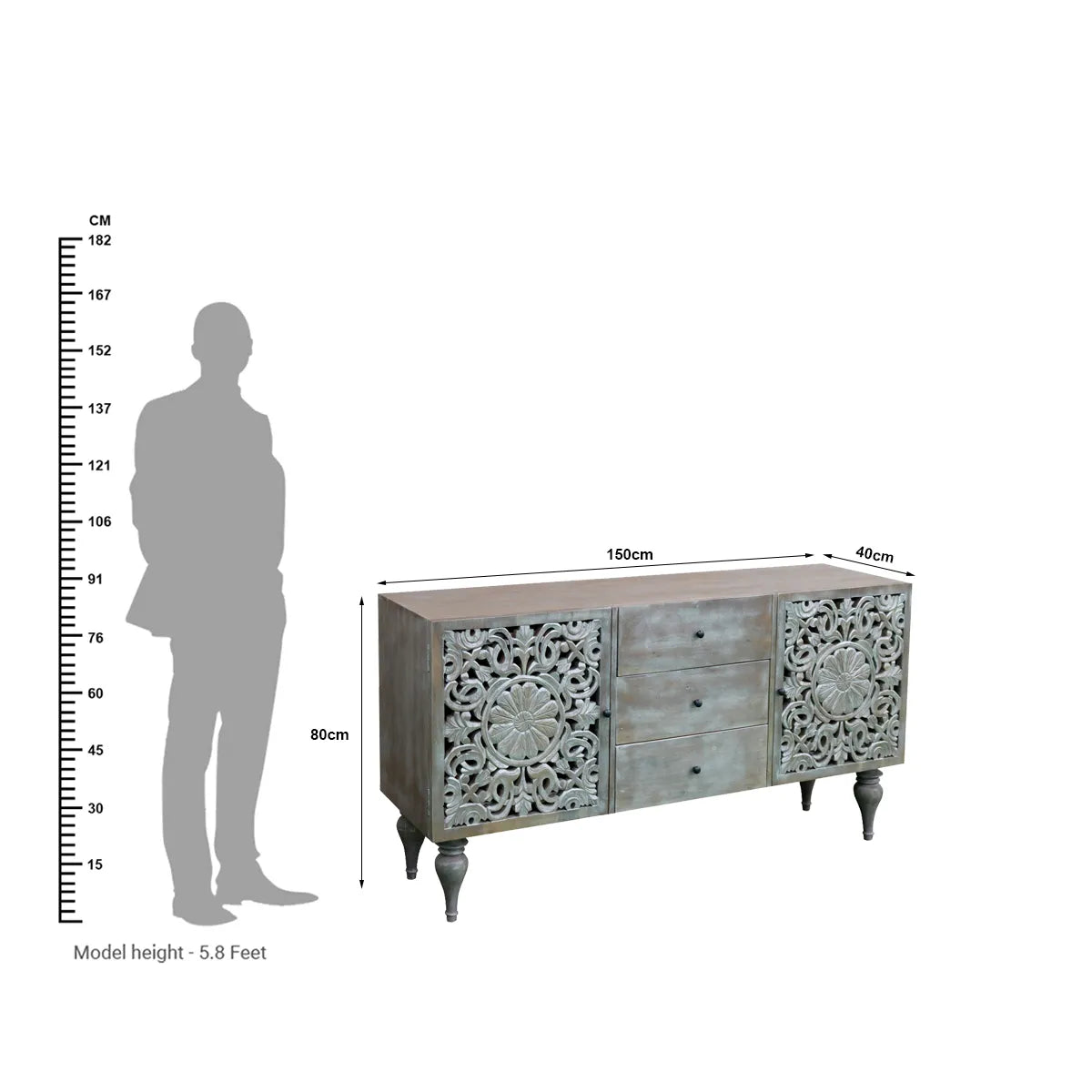 Silver Grace 2 Door 3 Drawer Sideboard Hand-Carved Solid Acacia Wood