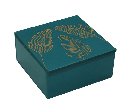 Handcrafted Teal Wooden Jewellery Box with Leaf Design & Divider
