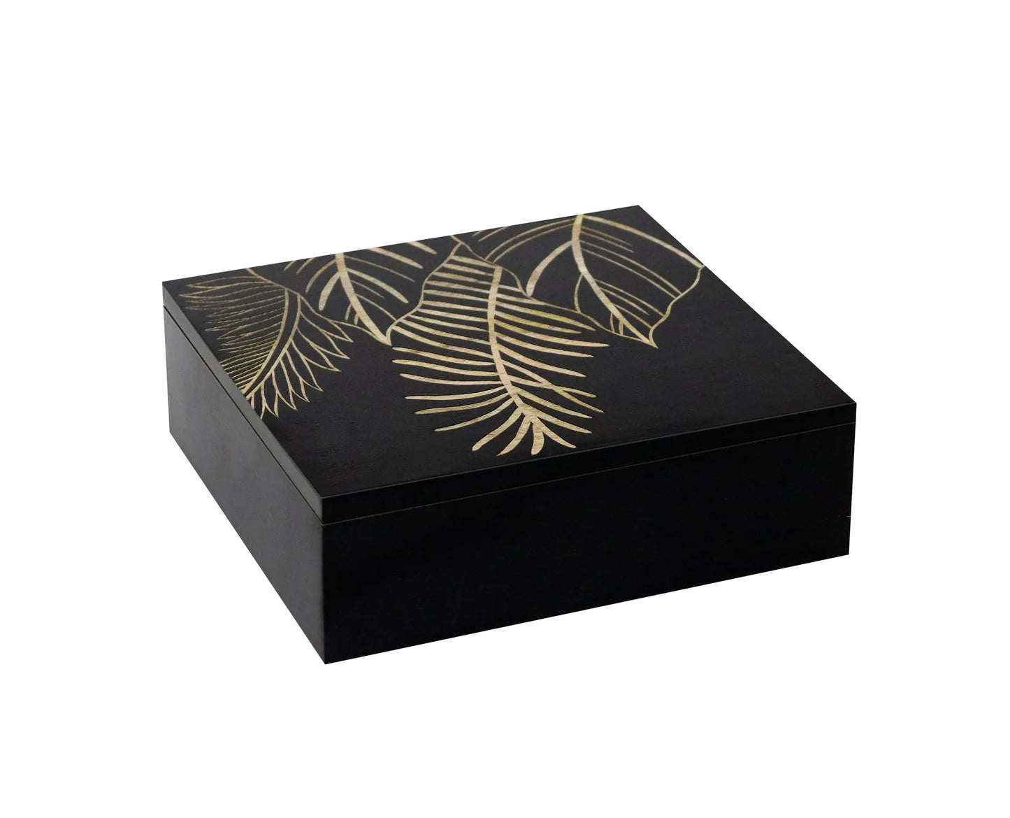 Black Hand-Carved Leaf Design MDF Storage Box – Decorative Wooden Organizer for Jewelry, Trinkets & Home Décor - Furniza