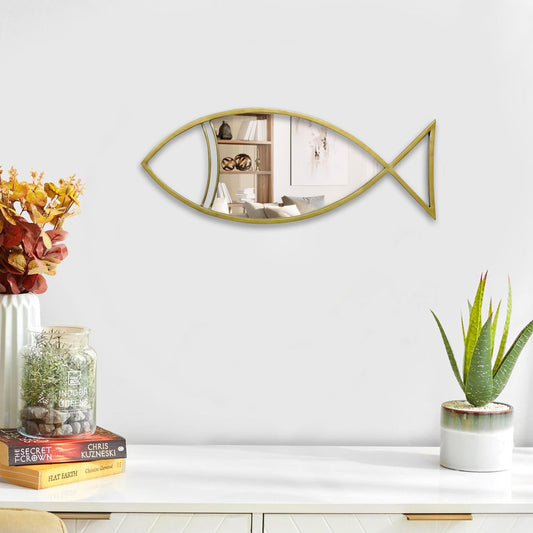 Decorative Wall Mirror with Fish Shape Small Iron Frame, Brass Finish – Nautical Coastal Style Accent Mirror for Living Room, Bedroom, Bathroom - Furniza
