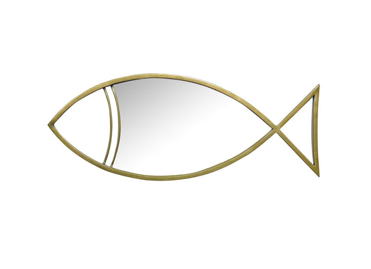 Decorative Wall Mirror with Fish Shape Big Iron Frame, Brass Finish – Nautical Coastal Style Accent Mirror for Living Room, Bedroom, Bathroom - Furniza