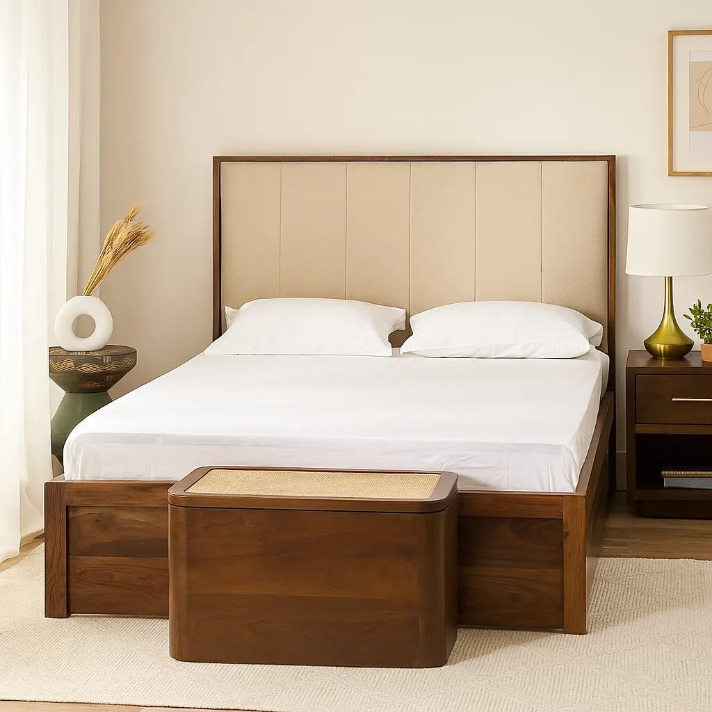 Sheesham Wood Queen Size Bed with Storage – Honey Finish