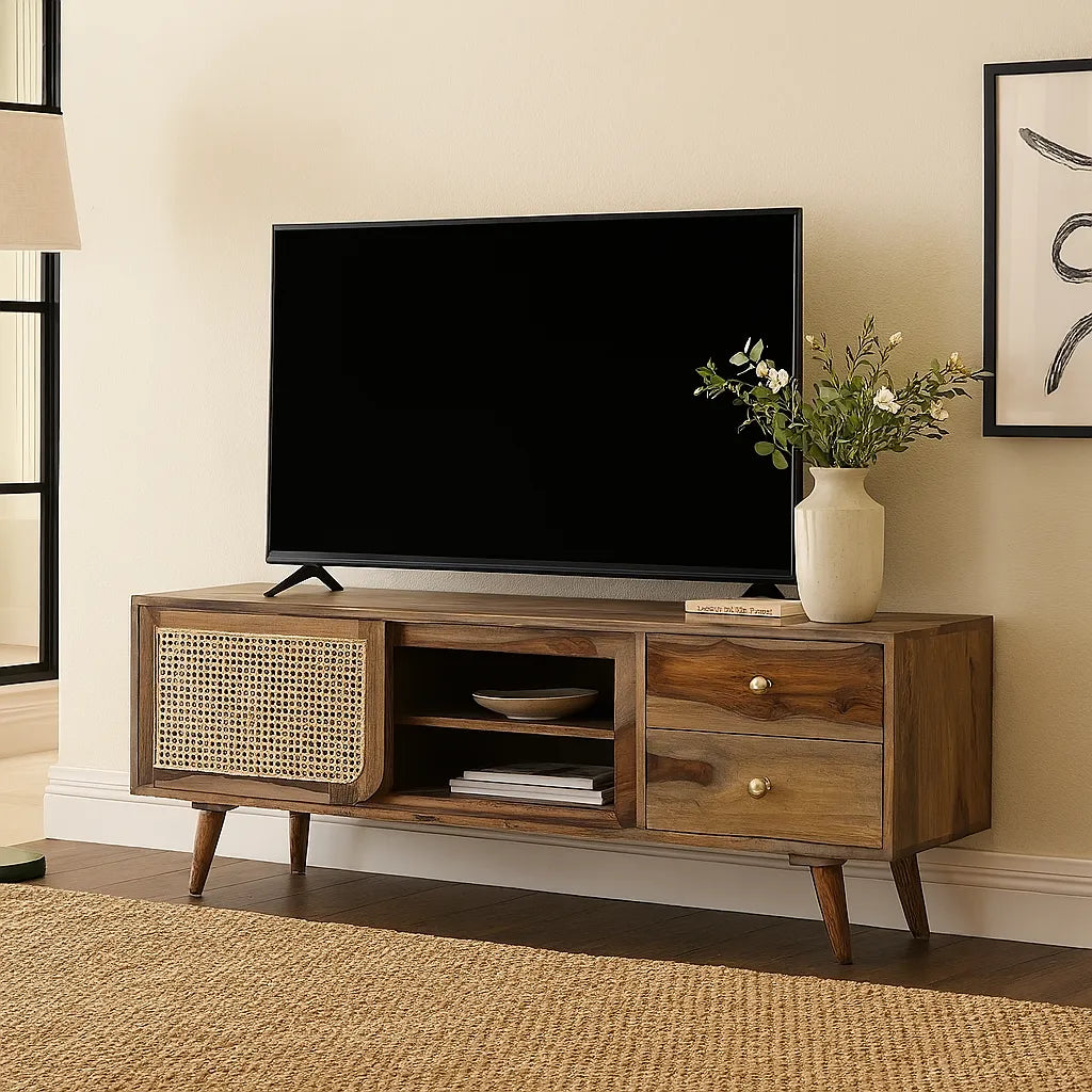 Sheesham Wood TV Unit with Cane & Glass Sliding Doors