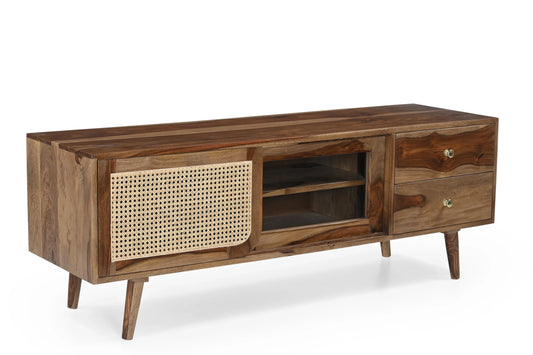 Sheesham Wood TV Unit with Cane & Glass Sliding Doors - Furniza