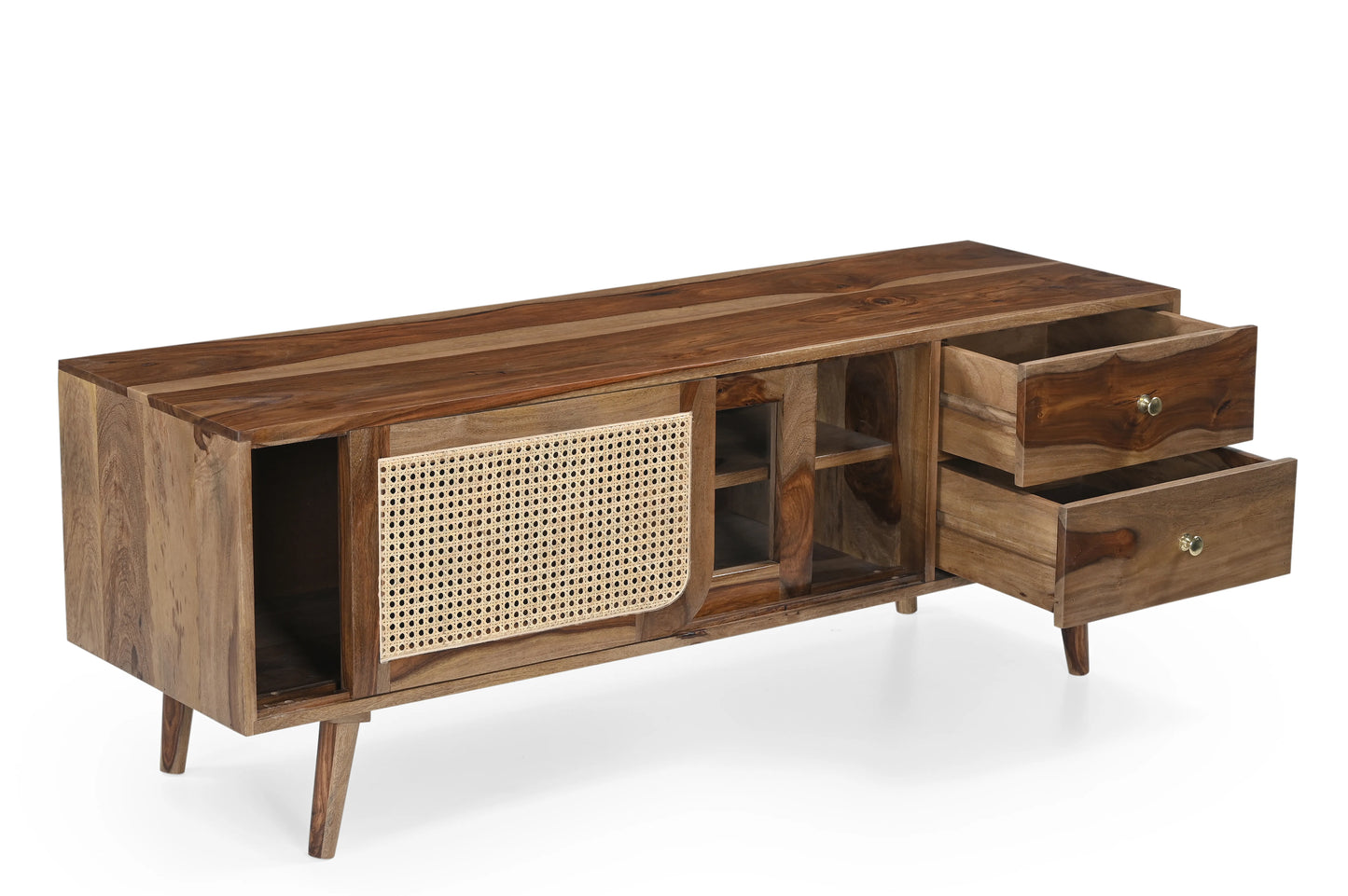Sheesham Wood TV Unit with Cane & Glass Sliding Doors