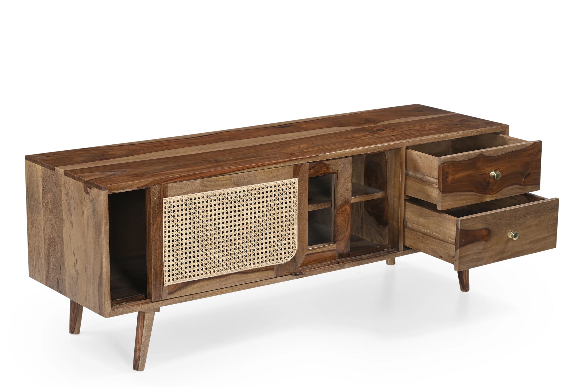 Sheesham Wood TV Unit with Cane & Glass Sliding Doors - Furniza