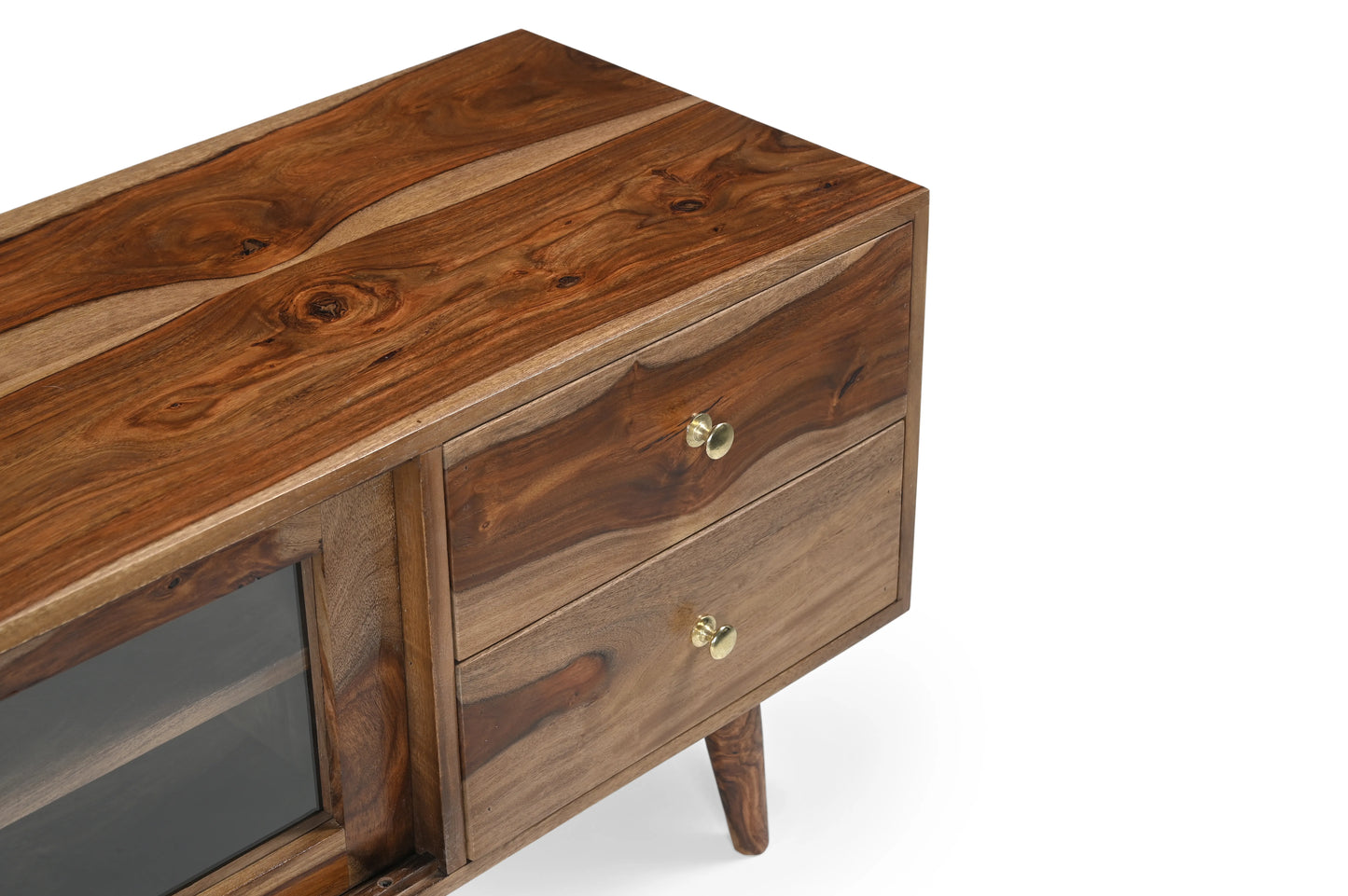 Sheesham Wood TV Unit with Cane & Glass Sliding Doors