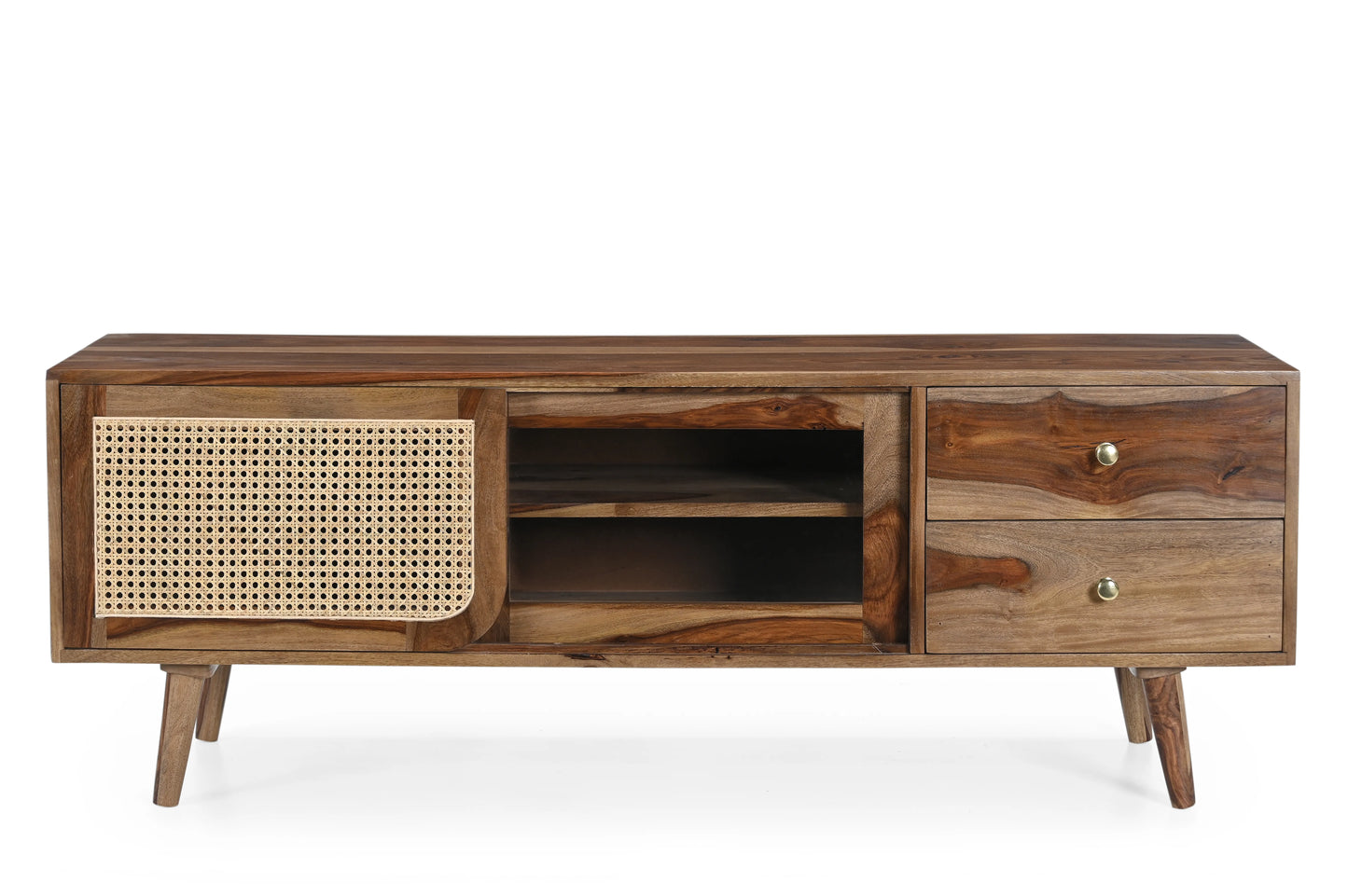 Sheesham Wood TV Unit with Cane & Glass Sliding Doors
