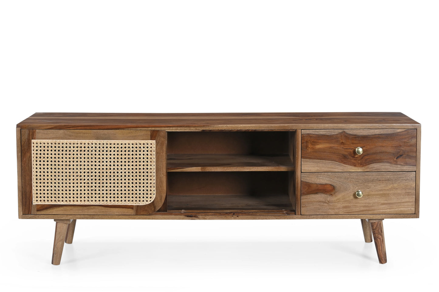 Sheesham Wood TV Unit with Cane & Glass Sliding Doors