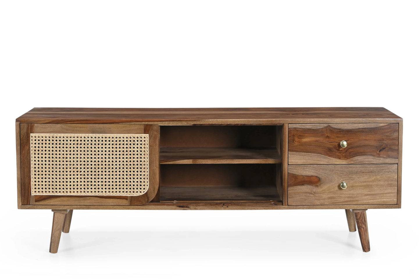 Sheesham Wood TV Unit with Cane & Glass Sliding Doors - Furniza