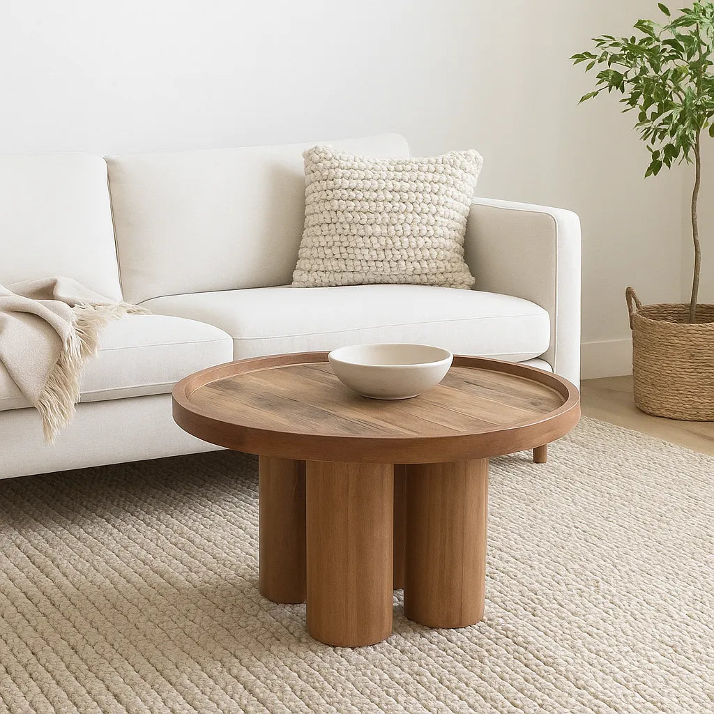 Round Recycled Wood Coffee Table with Lathe-Turned Legs – Eco-Friendly Design
