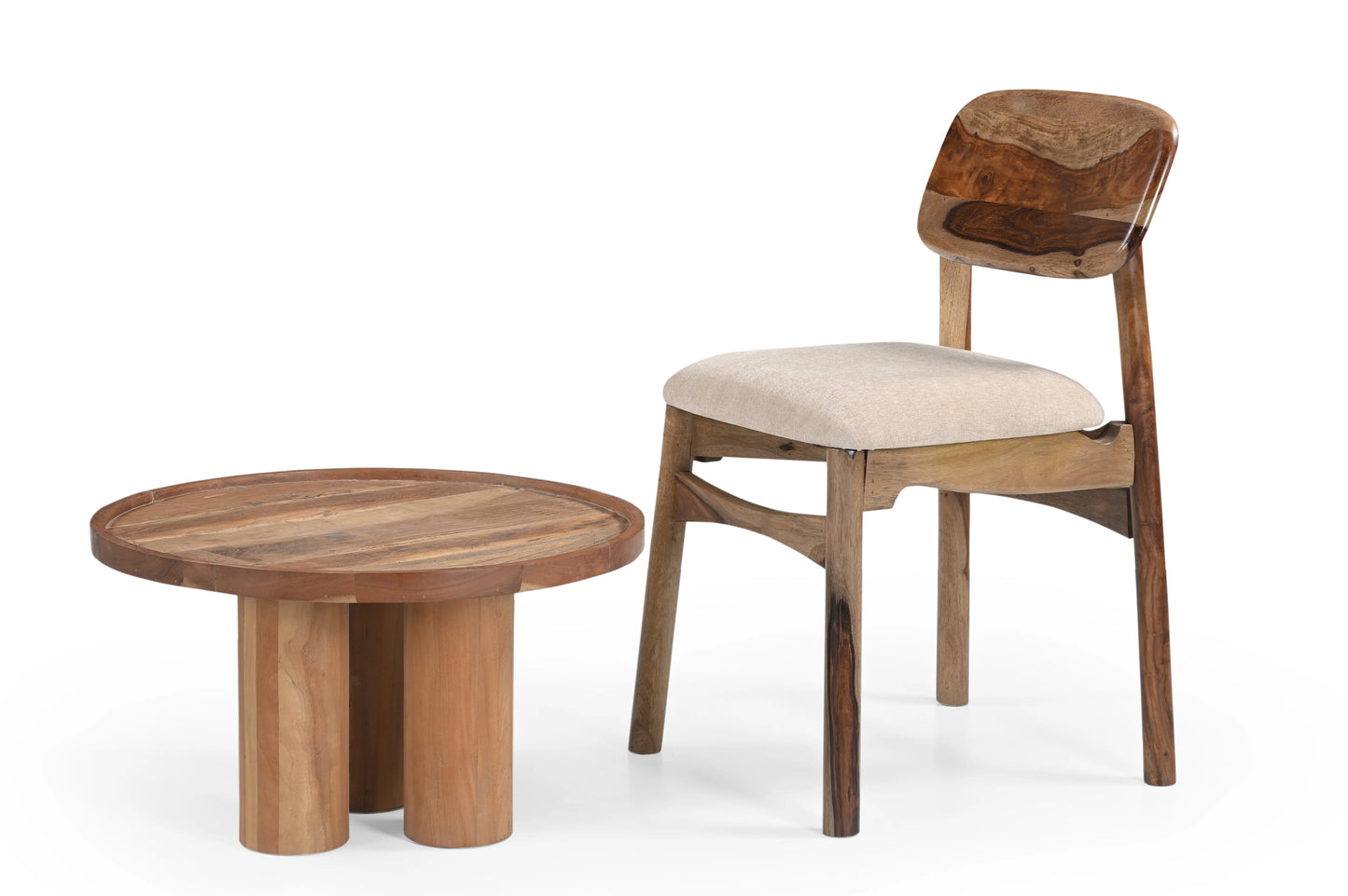 Round Recycled Wood Coffee Table with Lathe-Turned Legs – Eco-Friendly Design